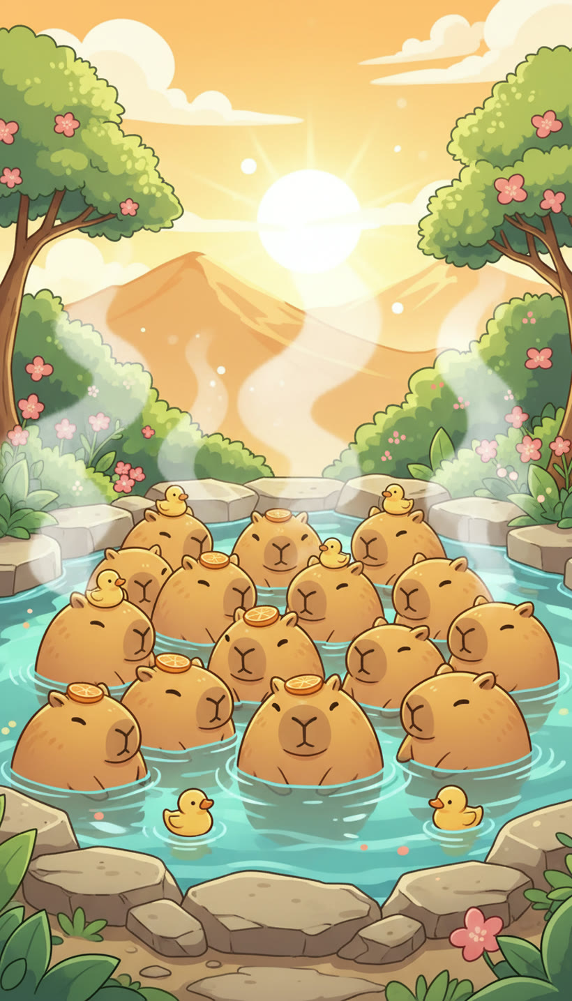 CAPYDROP — capybaras relaxing in a sunset hot spring