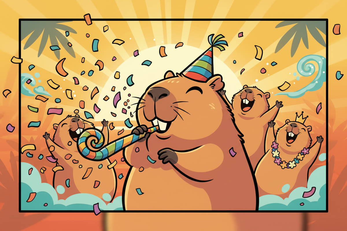 CAPY PARTY — capybaras celebrating with confetti and party hats