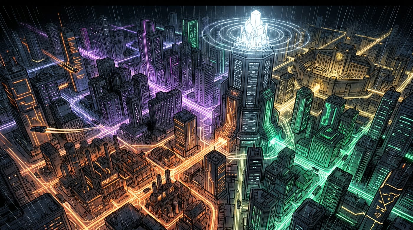 GRID — cyberpunk city with faction-colored neon grids